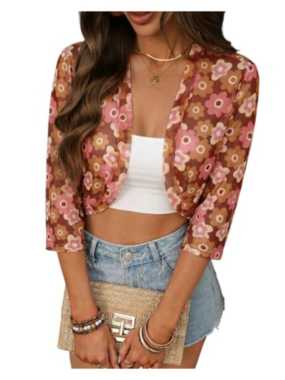 Women's Bolero Shrug Cardigan Open Front Cropped 3/4 Sleeve Lightweight Sheer